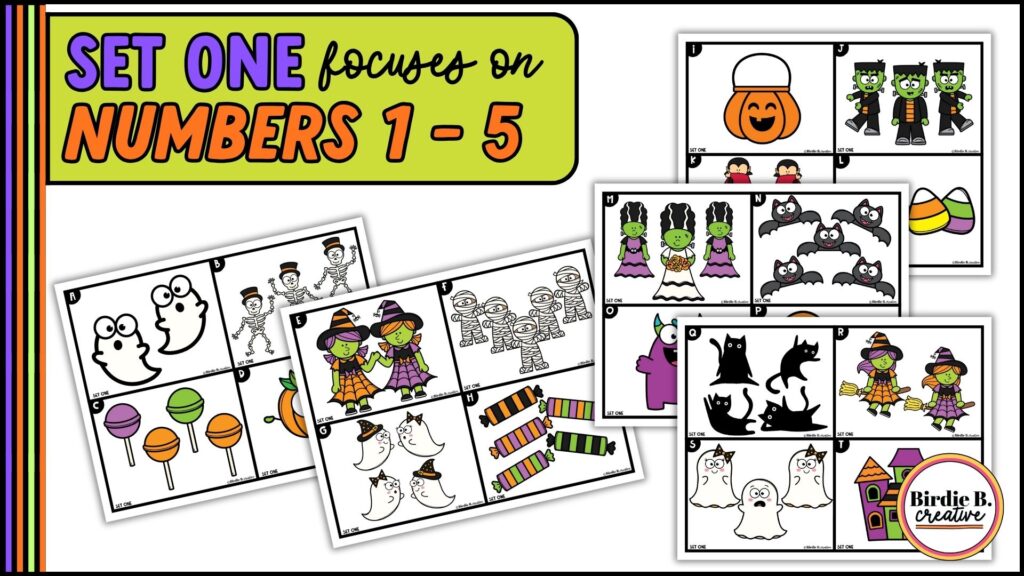 write-the-room halloween math for kindergarten informative slide:  shows set 1 
