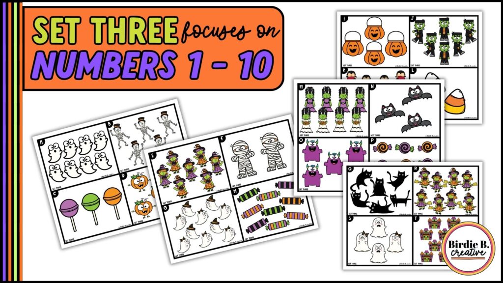 write-the-room halloween math for kindergarten informative slide:  shows set 3