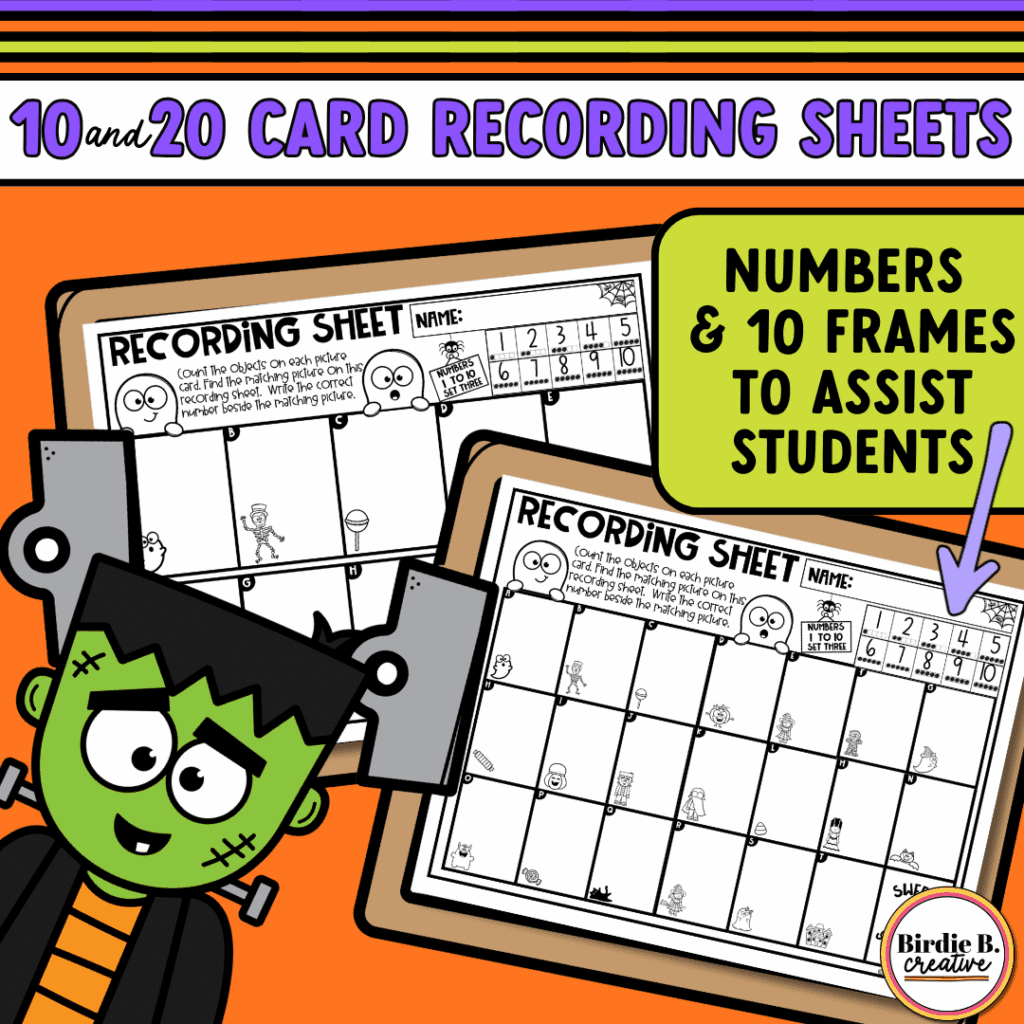 halloween-math-write-the-room recording pages:  Differentiated - shows 10 and 20 card recording sheets, as well as numbers and 10 frames to assist students
