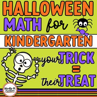 Title pic: Halloween Math for Kindergarten Activities with spider and skeleton