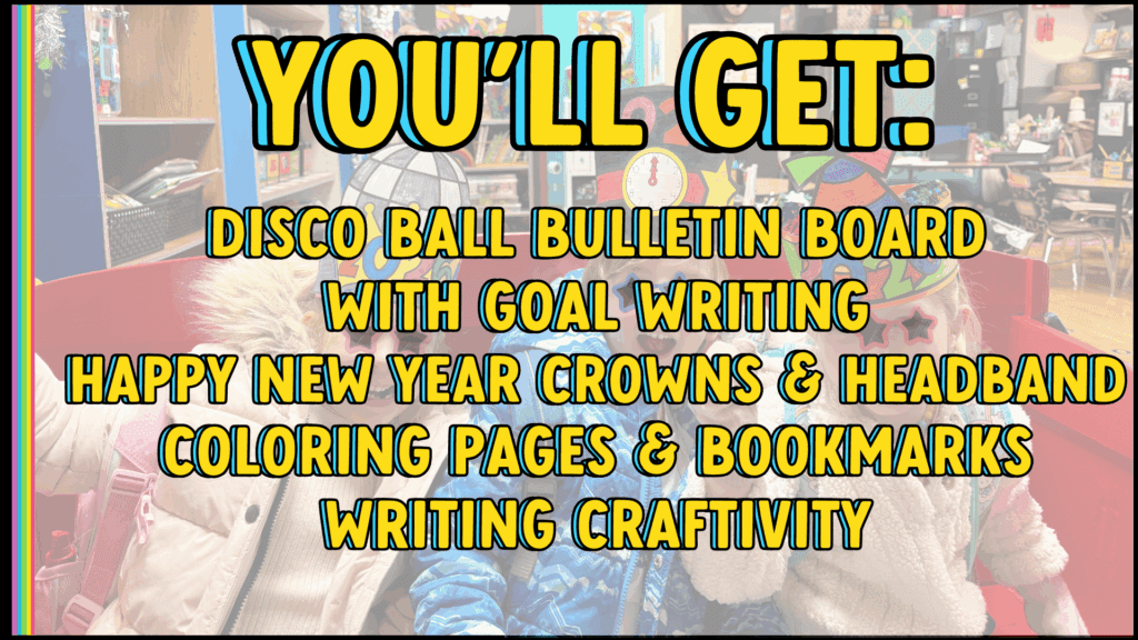 new-years-eve-craft, new-year-crown, photo of 3 smiling kids wearing a new-year-crown, informing what is included in the bundle
