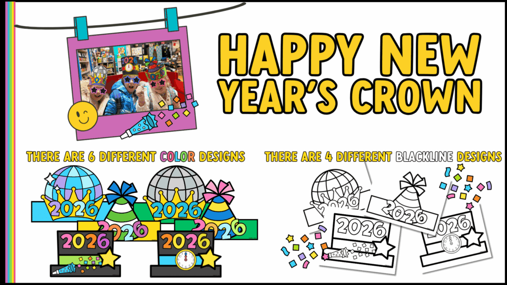 new-year-crown craft showing four differnt black line options and six color options.  3 happy kids smiling in new year crowns

