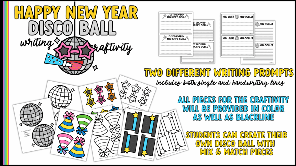 new-year-goals happy-new-year-writing-prompt goal writing with disco ball craftivity new-years-eve-craft

