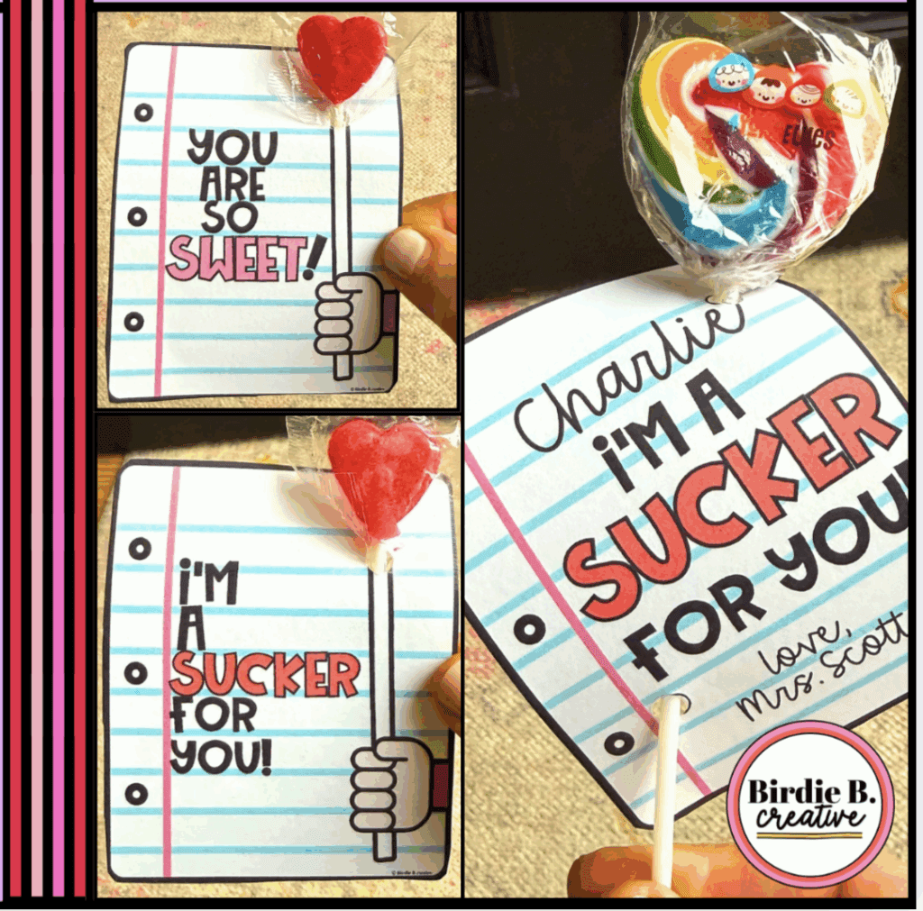 lollipop-valentine 3 examples of a valentine lollipop or sucker with valentine cards attached
