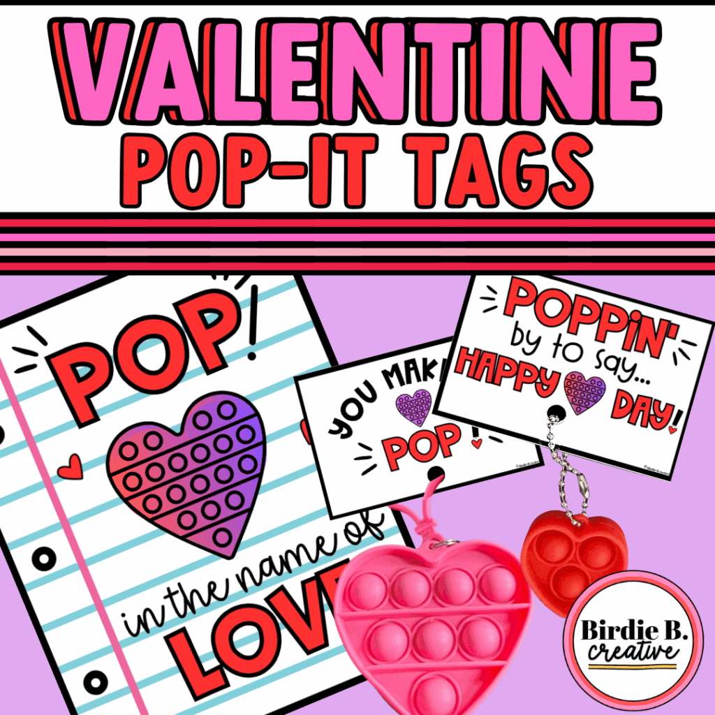 A Pop-it-valentine is all the craze these days.  Two tags are shown on pop-it-valentine keychains
