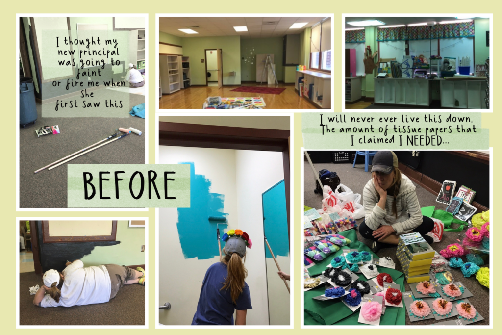 Before pictures of a classroom that is painted a light, minty yellow green. The walls are starting to be painted black, and a bright deep turquoise. A teacher sits in the middle of an overabundance of tissue paper flowers - contemplating classroom-decor-ideas