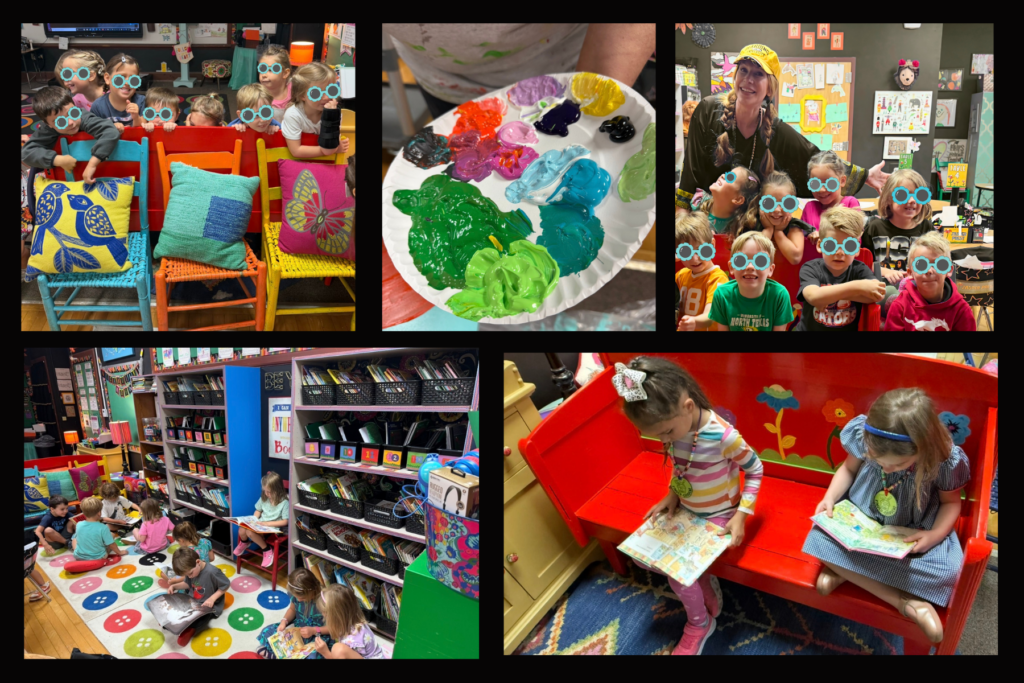 Classroom decor ideas need to focus on what the classroom environment should feel like when students are there. Kindergarten students are reading books, laughing, sitting on a red bench with flowers, and colorful ladder-back chairs.