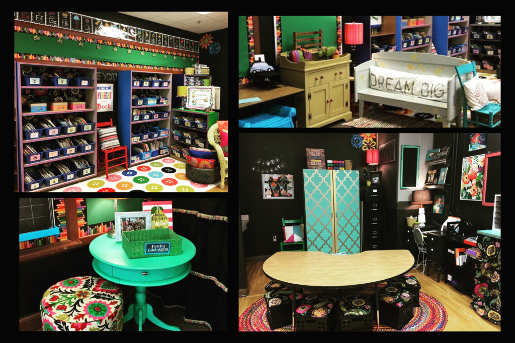 A colorful kindergarten classroom designed with a whimsical aesthetic. The walls are black, giving all of the bright colors and patterns space to not feel chaotic.