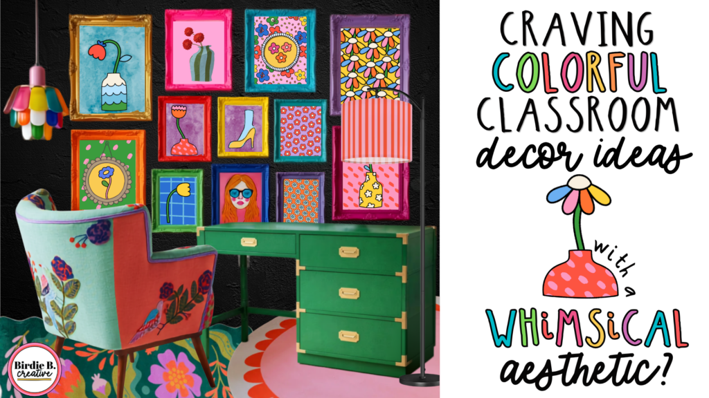 classroom-decor-ideas-whimsical-aesthetic : Bright green desk with colorful frames and quirky, whimsical prints