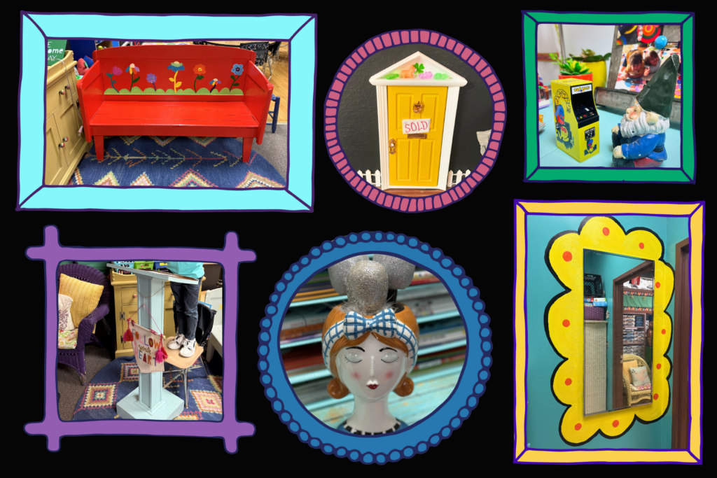 Items from a colorful classroom environment that is designed in the style of eclectic whimsy: A bright cherry red bench painted with whimsical flowers, an old-school lectern painted light blue with a sign that says "Follow Your Heart", a ceramic ladies head that is a planter, but there are sparkly microphones inside, a gnome playing a mini game of Pac-Man, a mirror with. a whimsical painted border in yellow